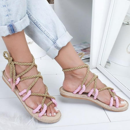 

Kunpeng Women Summer Slippers Hemp Rope Flat Lace Beach Slippers Open Toe Sandals Leisure Strappy Fashion Flat Shoses