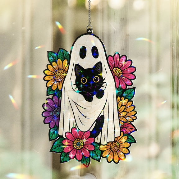 Lotusprinthandmade Cute Cat and Spooky Floral Halloween Custom Shape Star Hologram Ornament 3.5in, halloween spooky with floral hologram ornament