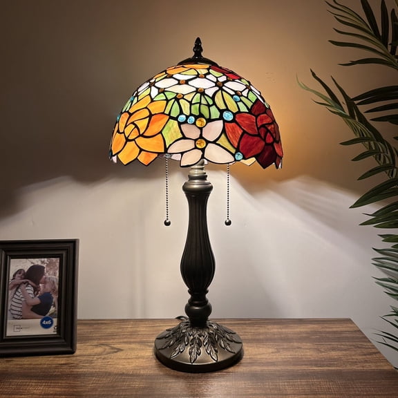 Tiffany Table Lamp Red Orange Stained Glass Rose Flowers LED Bulbs Included Pull Chain Switches for Living Room Dining Room Bedroom Bedside 12"W*12"D*22"H