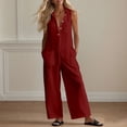 thumbnail image 3 of ClodeEU Women's Sleeveless Wide Leg Jumpsuit,Button Down Casual Linen Romper with Pockets Red,Women's Plus L, 3 of 8
