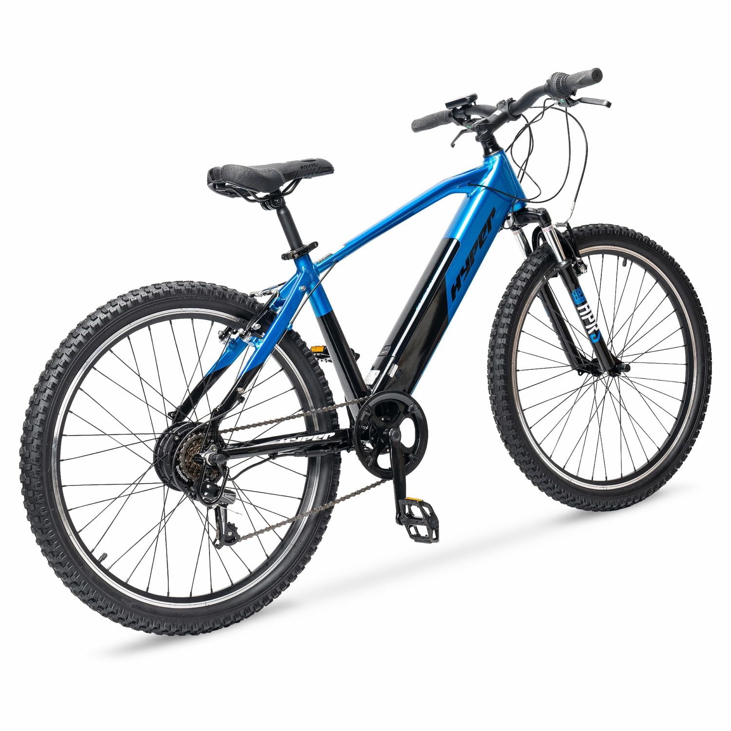 Hyper Bicycles 26" 36V Electric Mountain Bike for Adults, Pedal-Assist, 250W E-Bike Motor, Blue, Hyper 26" Hero E bike Mtn Blue Blck