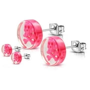 10mm Stainless Steel With Clear Acrylic Pink Skull Round Stud Earrings One Pair