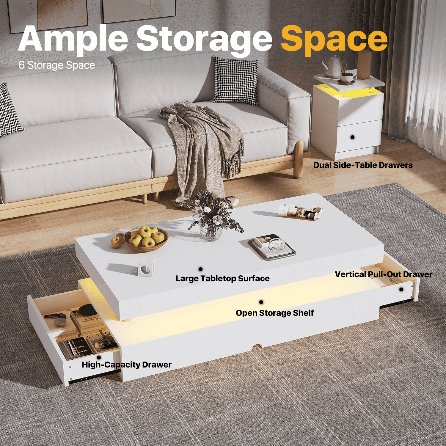 Sonegra 3-Piece Living Room Coffee Table Set, Including A Modern Coffee Table and 2 LED End Tables with Storage Drawers, White