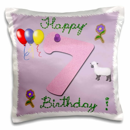 3dRose Happy seventh birthday. Digital scrapbook design for girls with a pink felt looking number seven, Pillow Case, 16 by 16-inch
