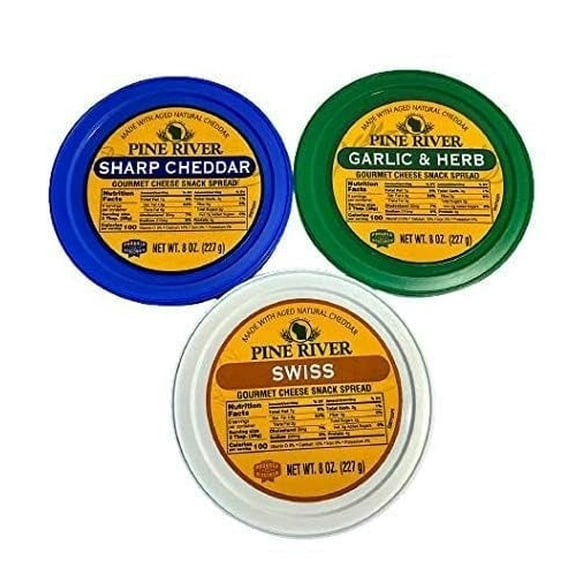 Pine River Cheese Spreads Variety 3-Pack | Sharp Cheddar, Garlic & Herb, Swiss | (3) 8 oz tubs | SHELF-STABLE | Creamy & Flavorful Wisconsin Pub Cheese Spread