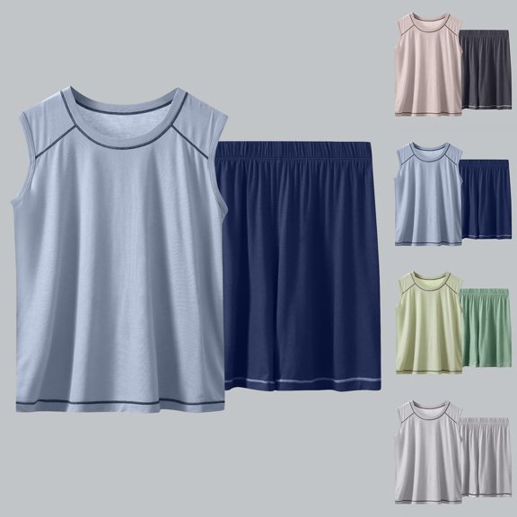 Outfit With Lightweight Breathable Fabric Children's Solid Color Sleeveless Elastic Waist Shorts Mid Size Children's Summer Casual Home Suit Set Blue 5 Years