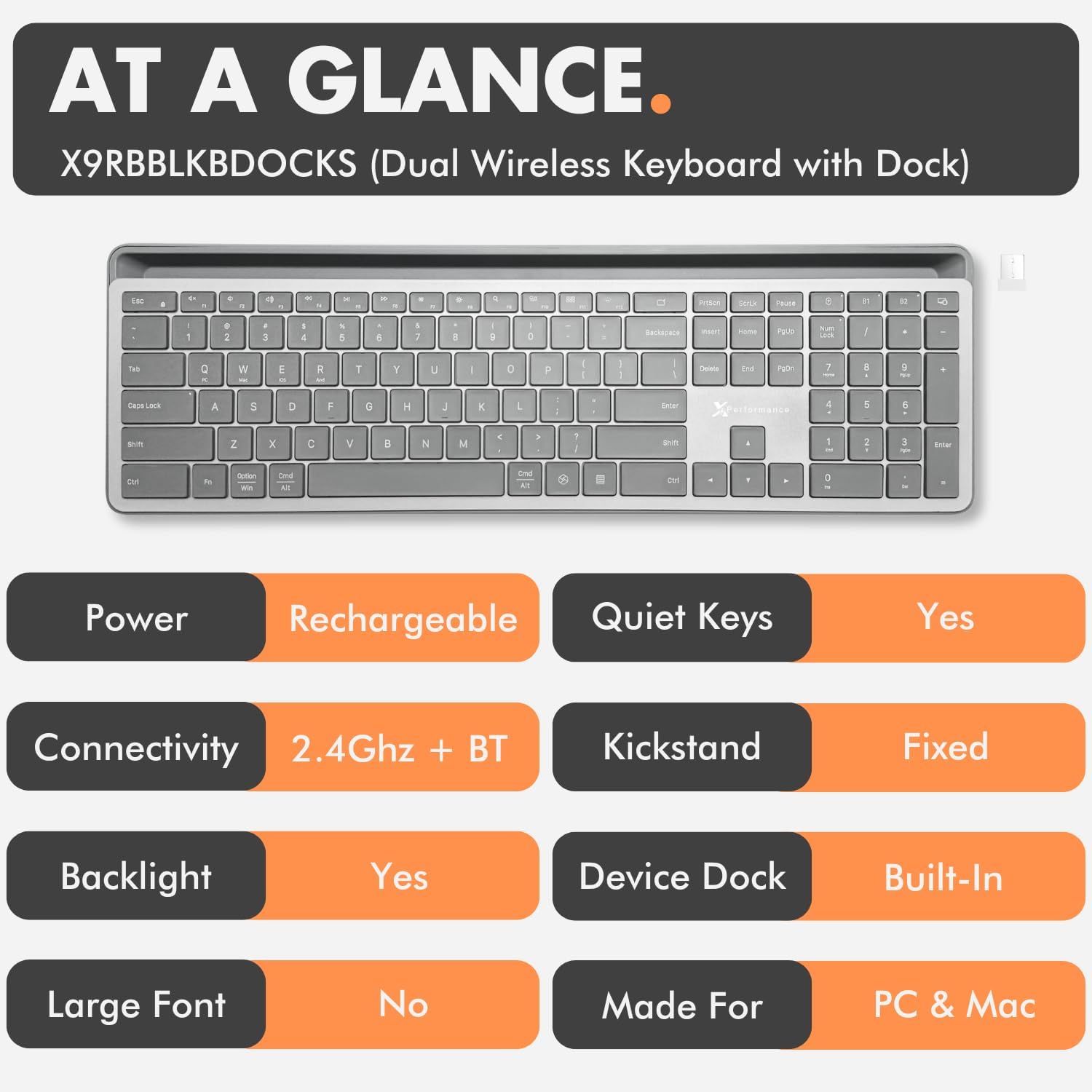 X9 Full-Size Bluetooth Keyboard with Phone Holder – Backlit Wireless Keyboard, Switch Multi-Device, Slim, Quiet, Rechargeable, w/ Copilot AI for PC, Mac, iOS & Android (Silver)