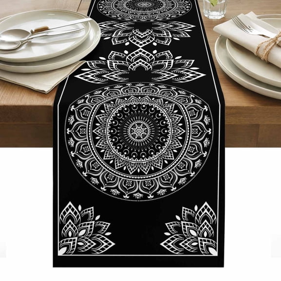 Black Boho Table Runner - 72 Inch Long, Kitchen Dining Table Runner Dresser Scarves, Retro Farmhouse Neutral Abstract Geometric Farmhouse Decor for Coffee Tables Wedding Party Banquet