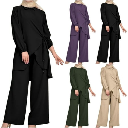 YUGYXL 2 Piece Casual Outfits for Women Plus Size Solid Color Loungewear Sets Irregular Hem Side Lace-Up Long Sleeve Lapel Shirt With Wide Leg Pants Gift for Daughter Army Green XXXL