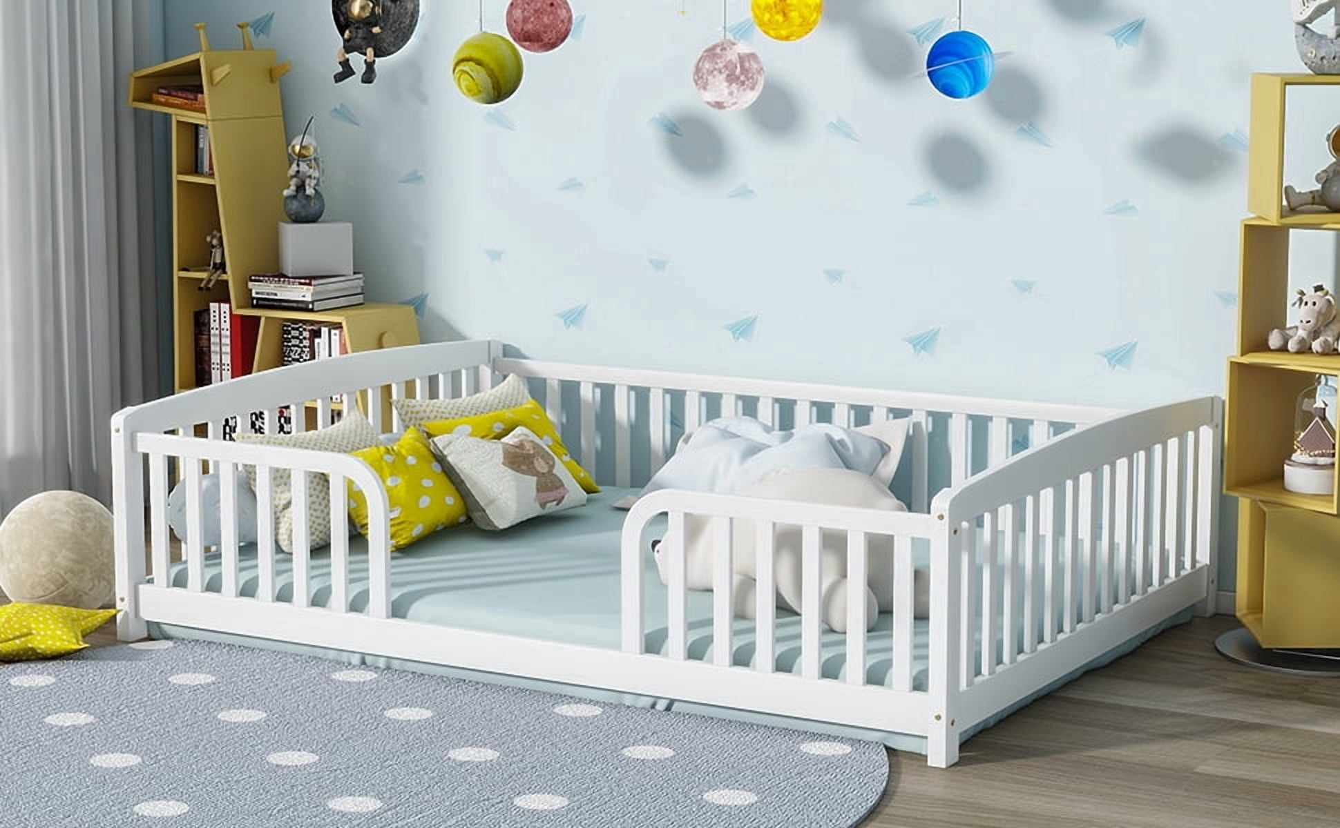 Mintazer Full Size Toddler Floor Bed with Guardrails & Central Entrance, White