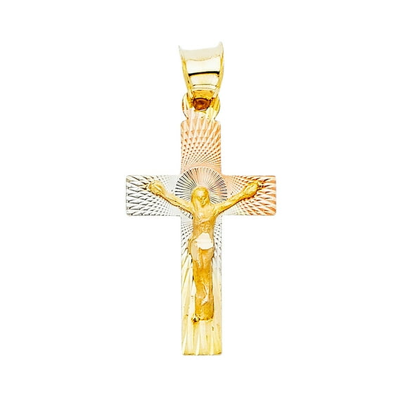 14K 3C Gold Diamond cut Crucifix Jesus Cross Stamp Religious Pendant | Tri Color Gold Charm Pendant for Necklace Chain | Gift for Men Women | 22 x 13 MM | 0.9 grams