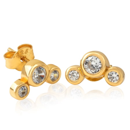 18K Yellow Gold Plated Sterling Silver CZ Tri-stone Stud Earrings