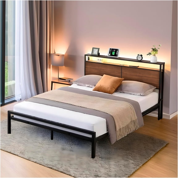 Base de Cama Queen Size con Cabecera y Luces LED, Plataforma de Metal Antideslizante con Puertos USB y Tomas de Corriente | UTILIA