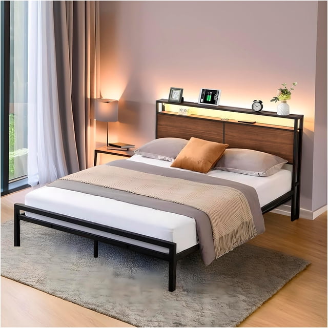 Base de Cama Queen Size con Cabecera y Luces LED, Plataforma de Metal Antideslizante con Puertos USB y Tomas de Corriente | UTILIA