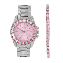 Women's Baguette Cut Iced Out Diamond Watch - Drop it Down with This Bling'ed Out Crystal Tennis Bracelet on Your Wrist Ladies! - ST10372MLA SLV Blush-Pink TB