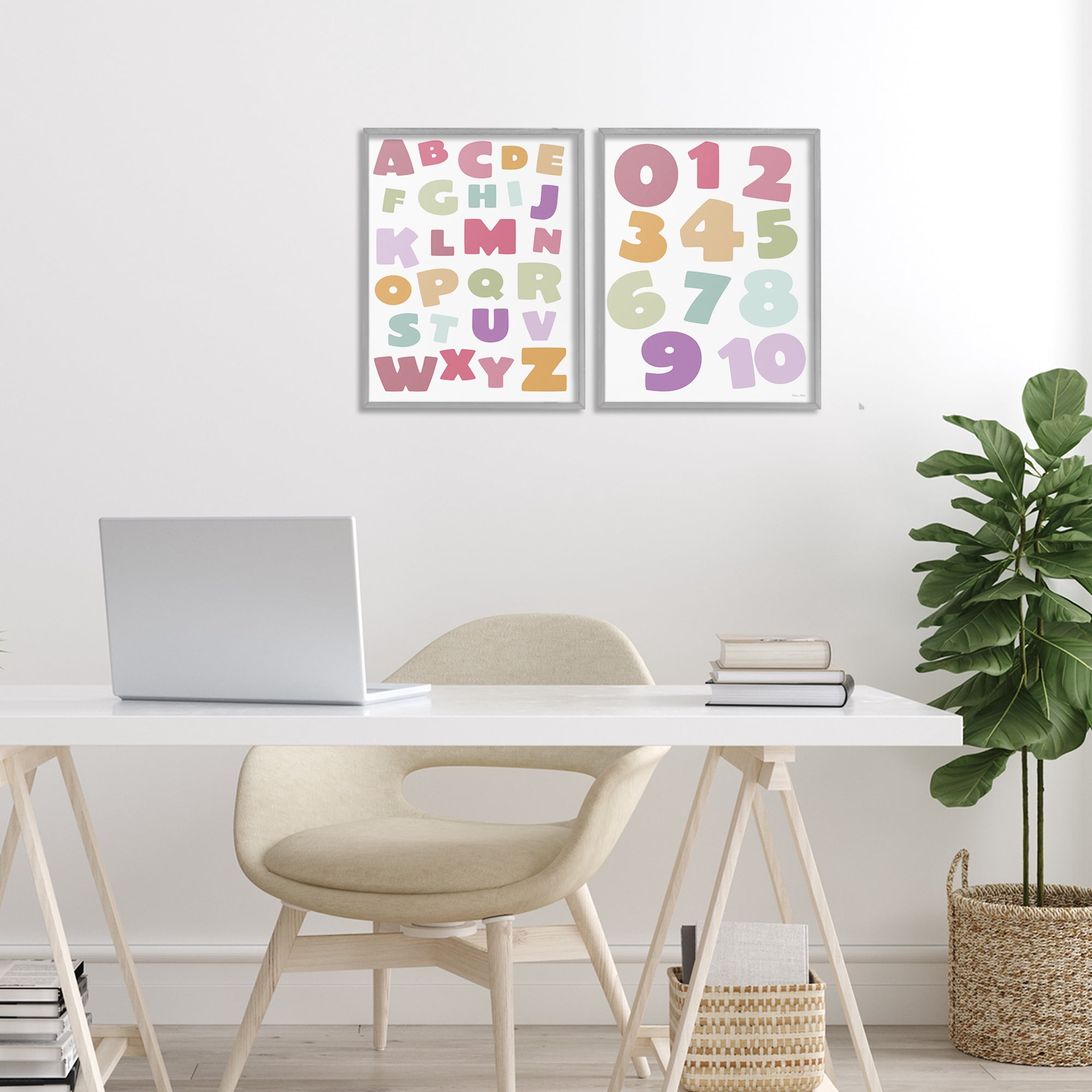 Stupell Industries Muted Letters & Numbers Educational 2 Piece Gray Framed Giclee Art Set, design by Susan Ball