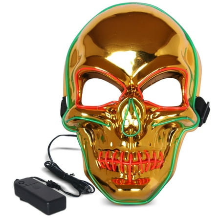 Halloween LED Mask Purge Masks with Lighten EL Wires Scary Light Up Cosplay Costume Mask Battery-operated Glowing Creepy Skull Mask Gold