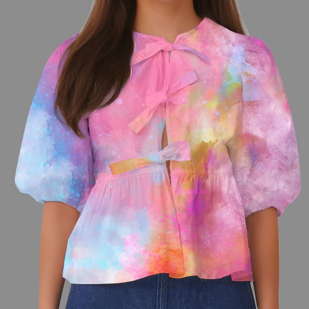 Fiudx Ofertas Relámpago Top de Camiseta con Cuello Redondo y Manga Farol Plisada con Lazo para Mujer