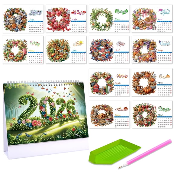 FLOPESN Wreath 2026 Desk Calendar DIY Diamond Painting Craft Kit, 9.84*7.48 in Paper Calendar with Special Drills for Home Office Decor
