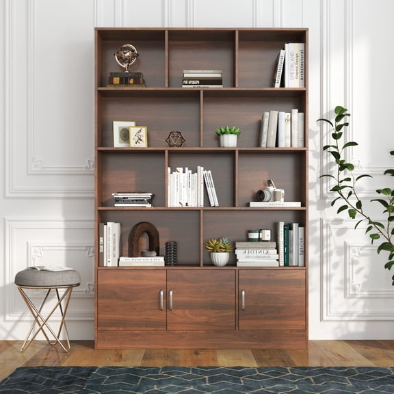 71" Tall Wooden Bookcase, Mid Century Modern Bookshelf with 5-Tier Storage, 3 Doors Open Style Display Shelf W/10 Cubes, Book Shelves Cabinet for Home Office Living Room