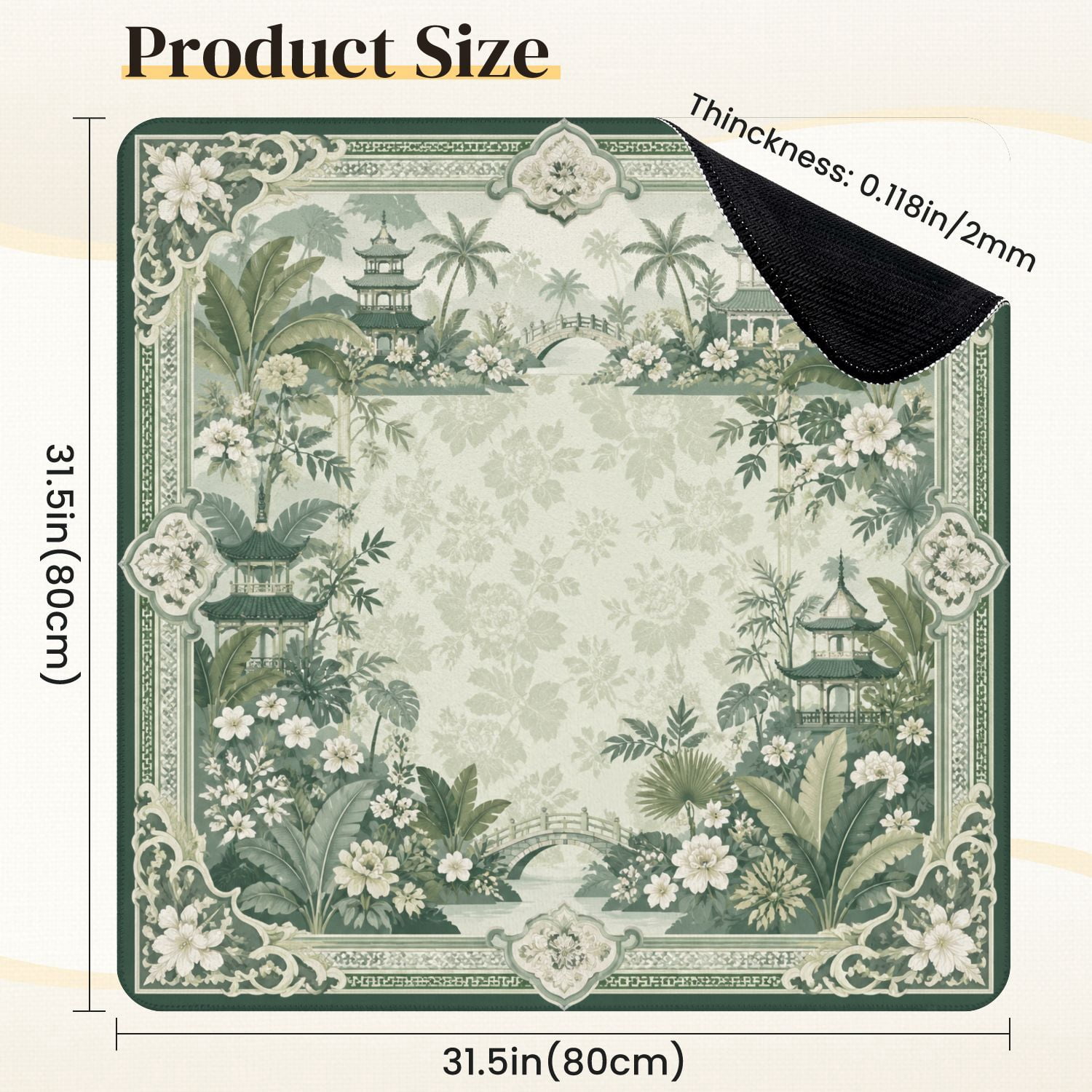 Mahjong Mat 31.5" x 31.5" Green Botanical Asian Pagodas Bridges Tropical Foliage Non-Slip Noise Reduction Mahjong Tiles Table Cover for Dominoes Poker Card Board and Tile Games