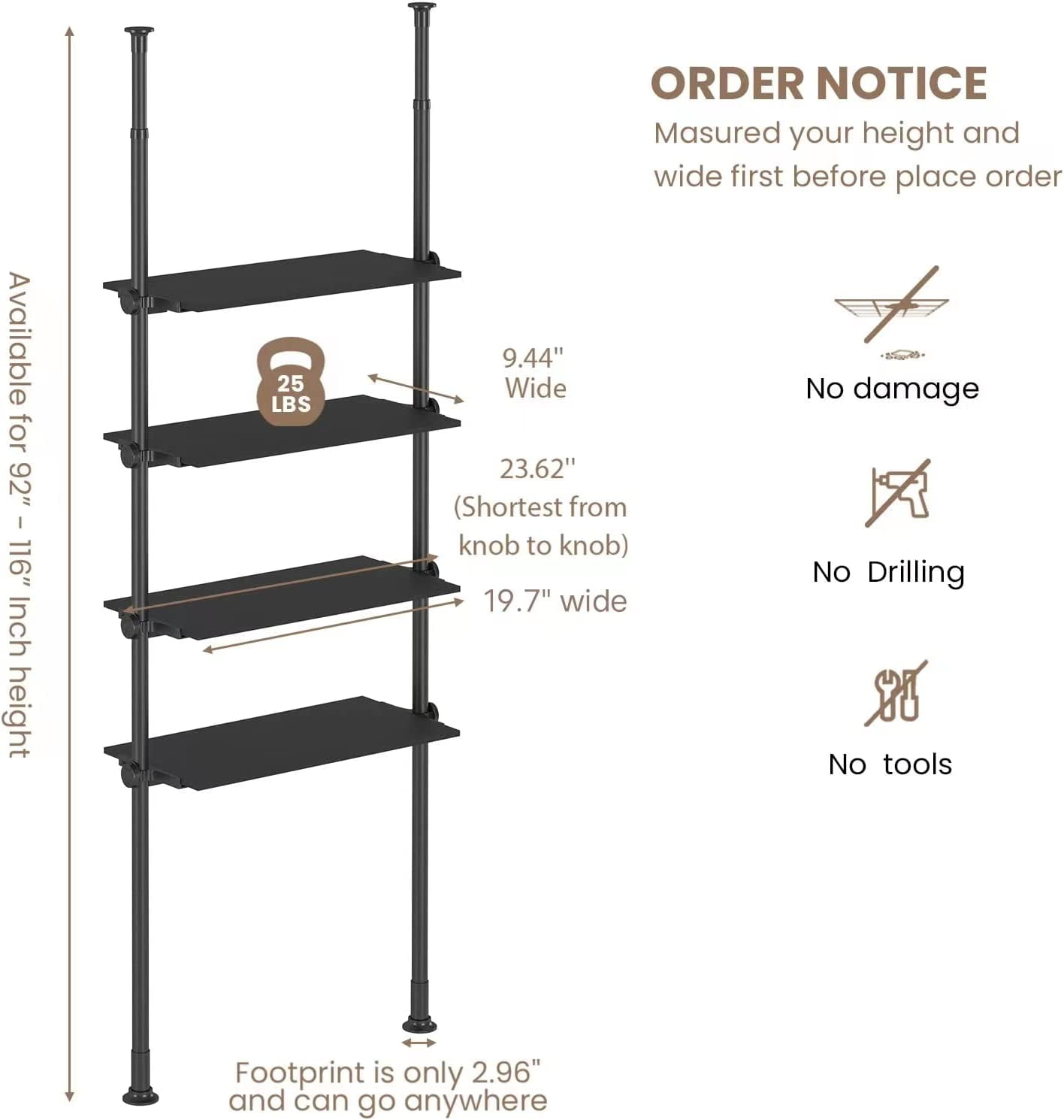 Lilyvane 4 Tiers Over Toilet Storage, 97 to116” Adjustable Tension Pole  Over Toilet Bathroom Organizer, Standing Bathroom Shelves Over Toilet for