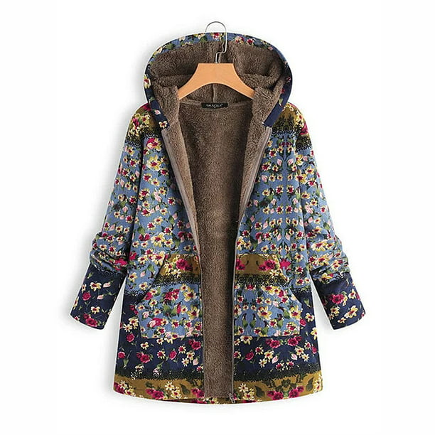 Xhtang - Women Winter Coat Printed Hooded Pockets Warm Fleece Floral ...