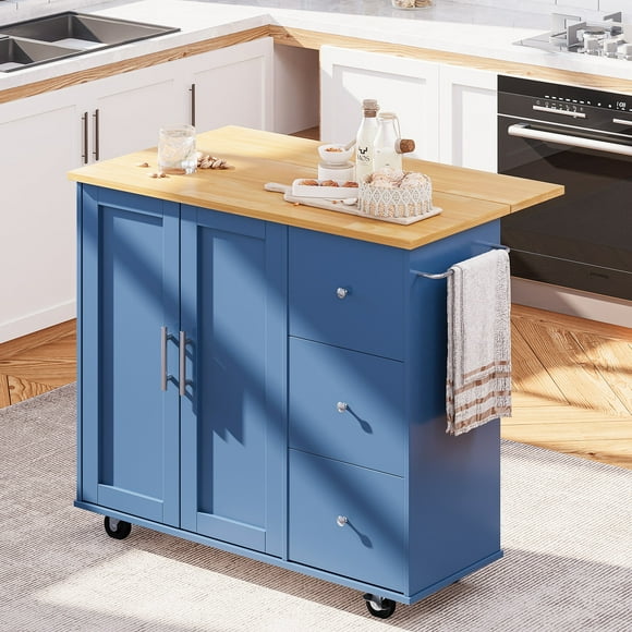 Walsunny Kitchen Island on Wheels with Storage Cabinet & 3 Drawer, 39.7" Width Rolling Kitchen Table, Cart Handle for Towel Rack or Free Mobility Blue