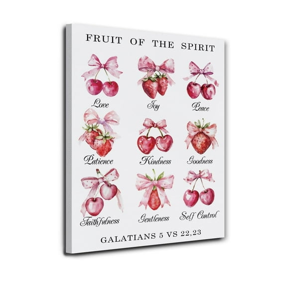 Fruit of the Spirit Christian Canvas poster Wall Art Bible Verses Wall Decor, Coquette Room Decor, Pink Bow Strawberry Christian Bible Poster Prints for Girls Bedroom Wall poster