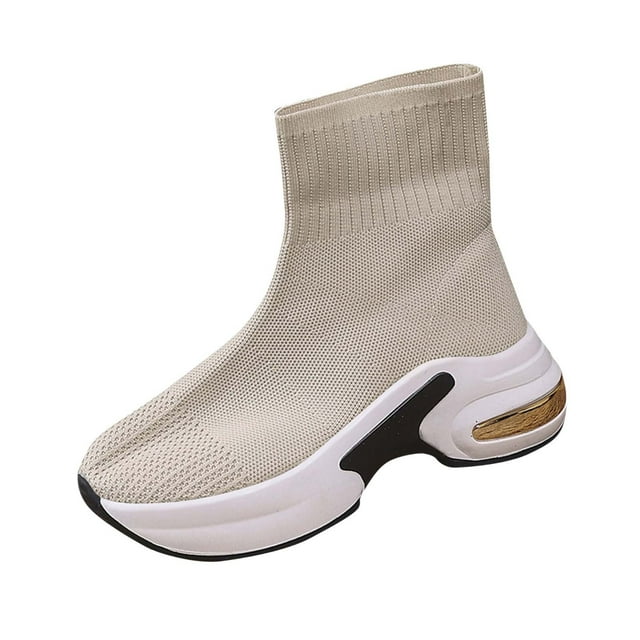 Beige Stretchable Knit Mid-Calf Boots For Women, Thick Sole Design, Versatile Comfort Footwear For Cool Weather Style