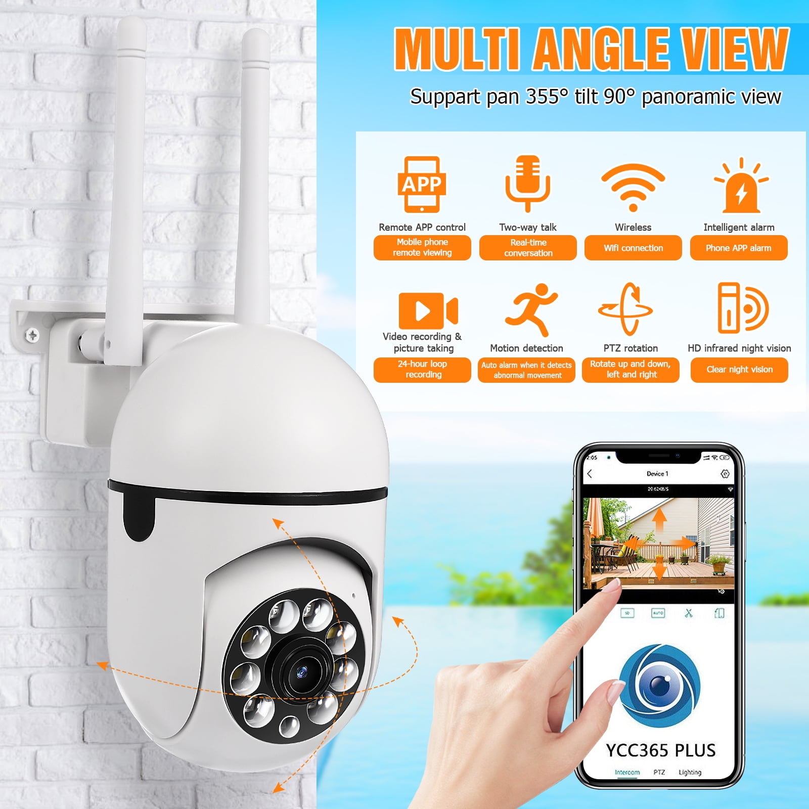 Cameras for Home/Outdoor Security, 2MP Solar Security Cameras Outdoor with 355?PTZ, Spotlight, Motion Detection, Siren, Color Night Vision, 2-Way Talk