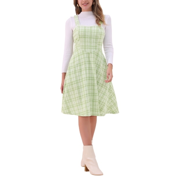 Vestido de Tweed INSPIRE CHIC para Mujeres Sin Mangas Cuello Cuadrado Cuadros A-Line Pinafore Vestidos XL Verde
