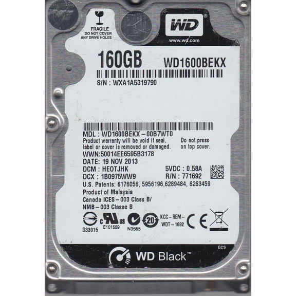 WD1600BEKX-00B7WT0, DCM HEOTJHK, Western Digital 160GB SATA 2.5 Hard Drive