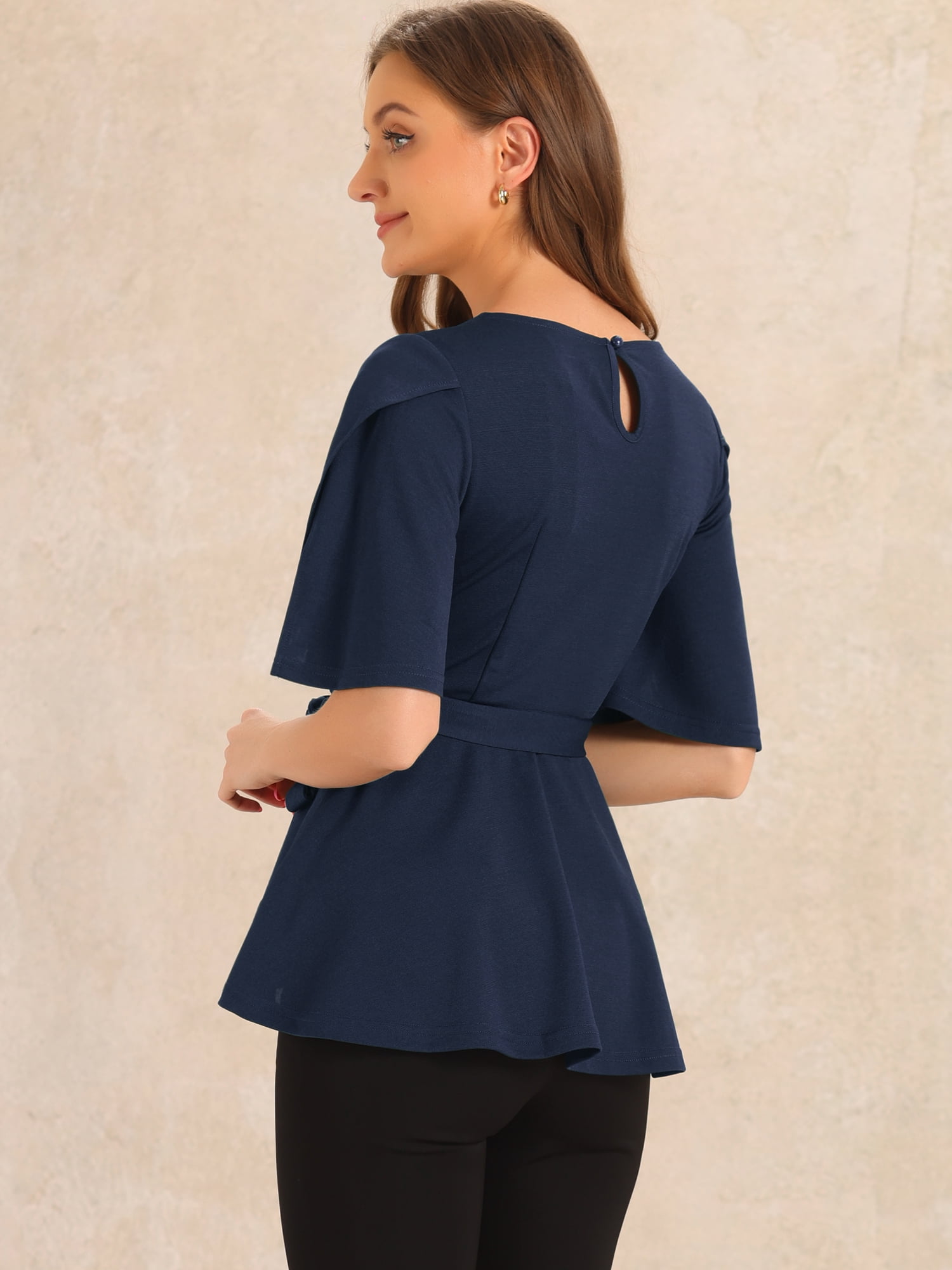 DARING DIVA Women's Crew Neck Belted Knot Drap Peplum Blouse XS Dark Blue
