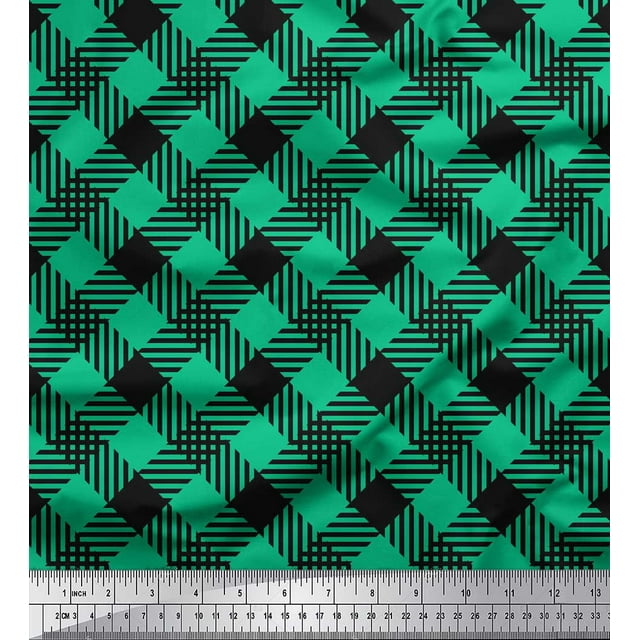Soimoi Green Cotton Voile Fabric Diagonal Check Printed Fabric 1 Yard 42 Inch Wide