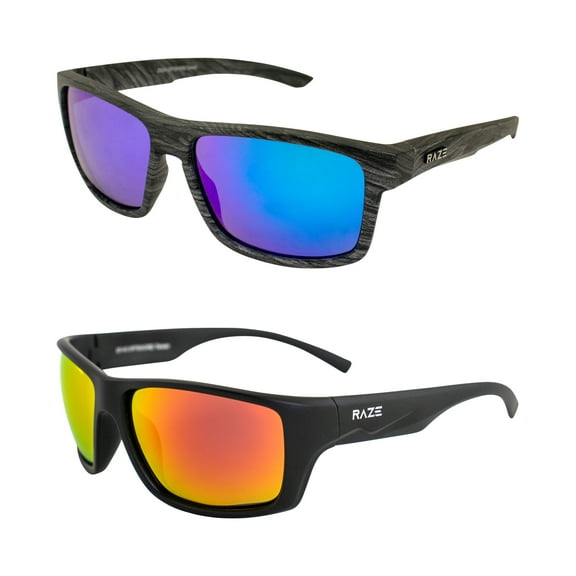 Raze Eyewear Offshore Sports & Boating Polarized Sunglasses for Women or Men in Woodgrain Platinum Blue w/Smoke Lenses & Black Frame with Polarized Red Z Lens 2Pack