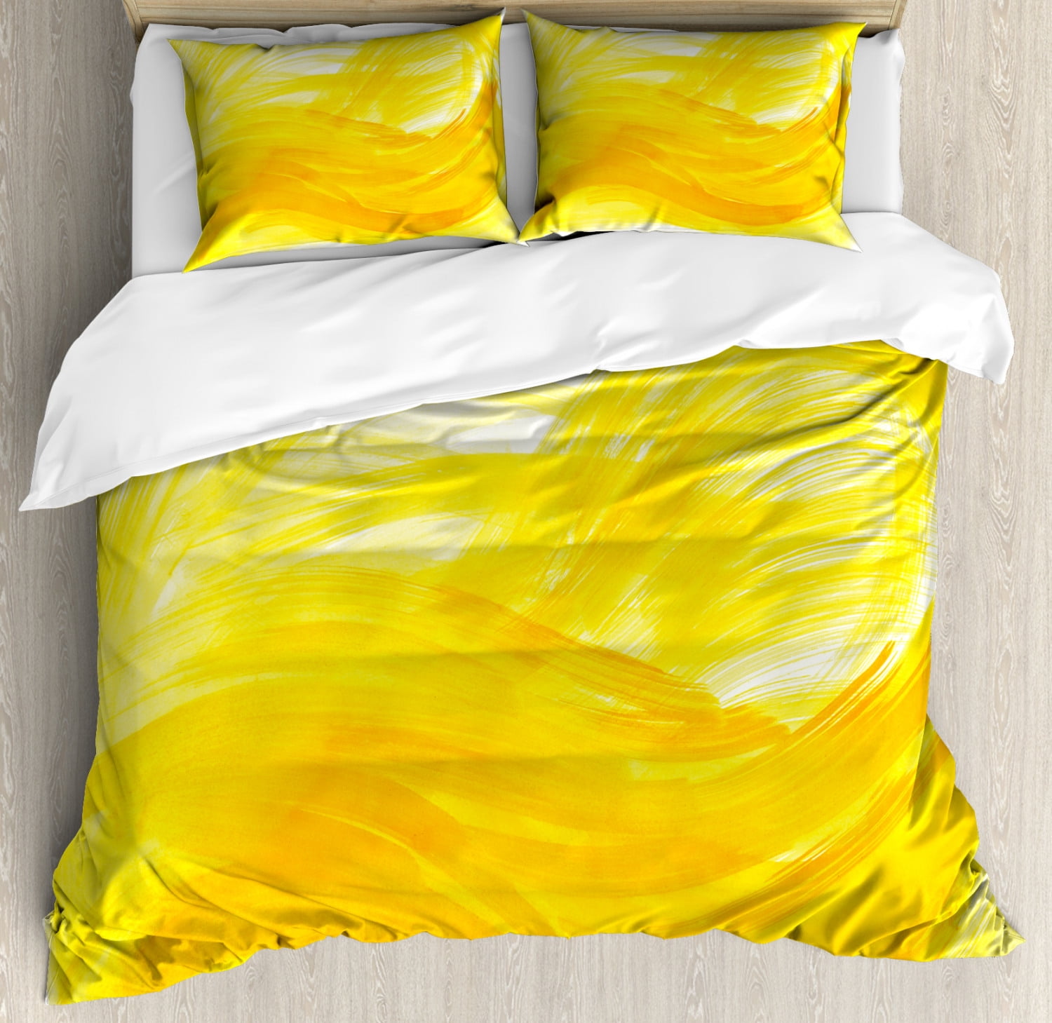 Yellow and White Duvet Cover Set King Size, Painting Style Brushstroke