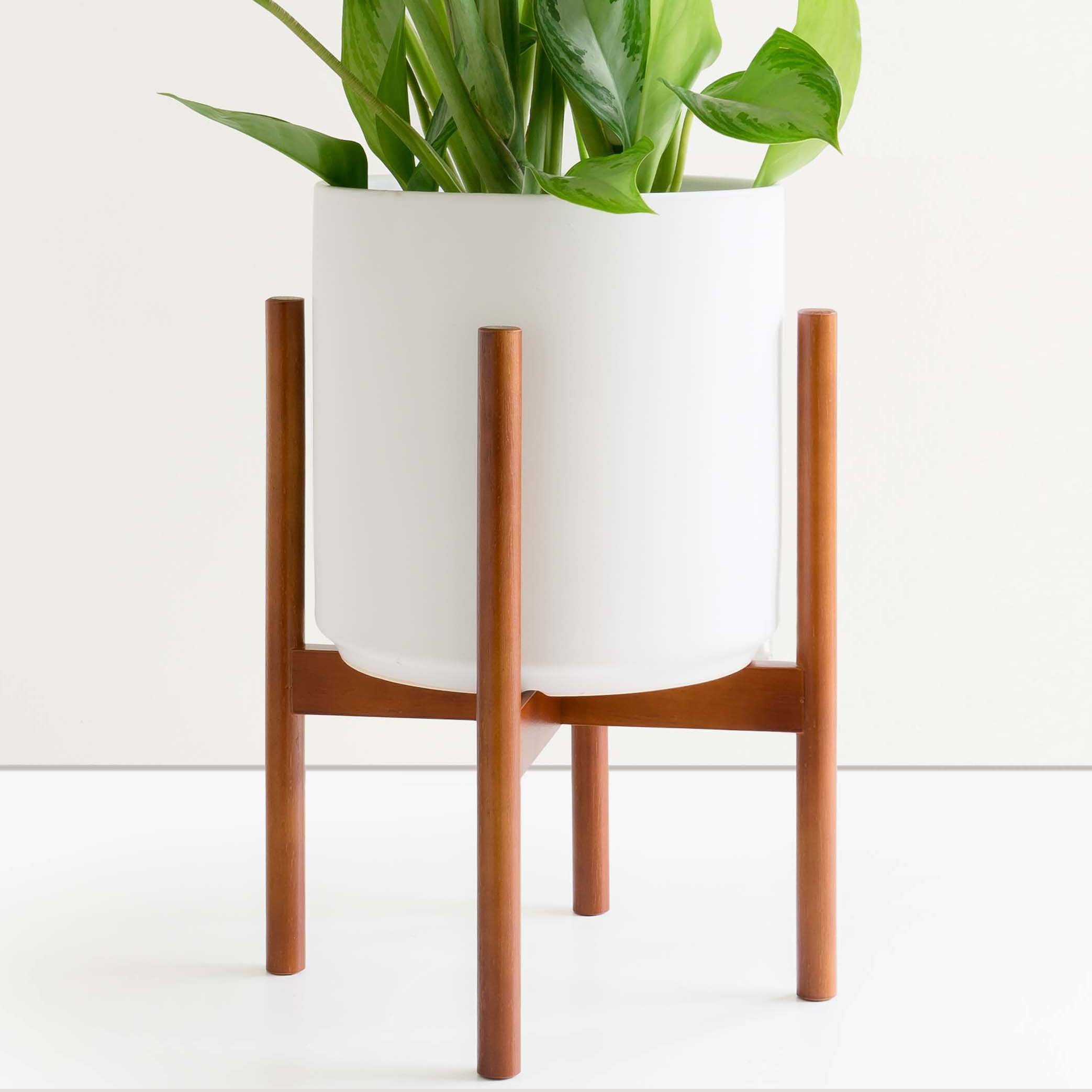 White indoor planter wood stand