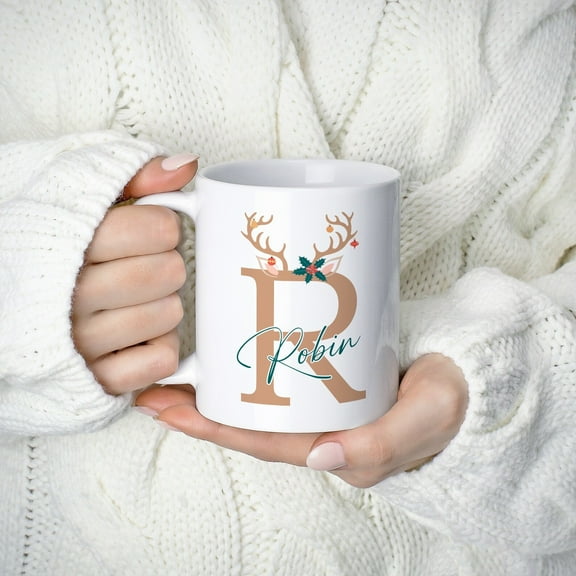 Mug Gift For Christmas, Personalised Reindeer with Initial and Name, Custom Hot Chocolate Mug For Christmas, Christmas Eve Box Gift, Ceramic Mug 15Oz
