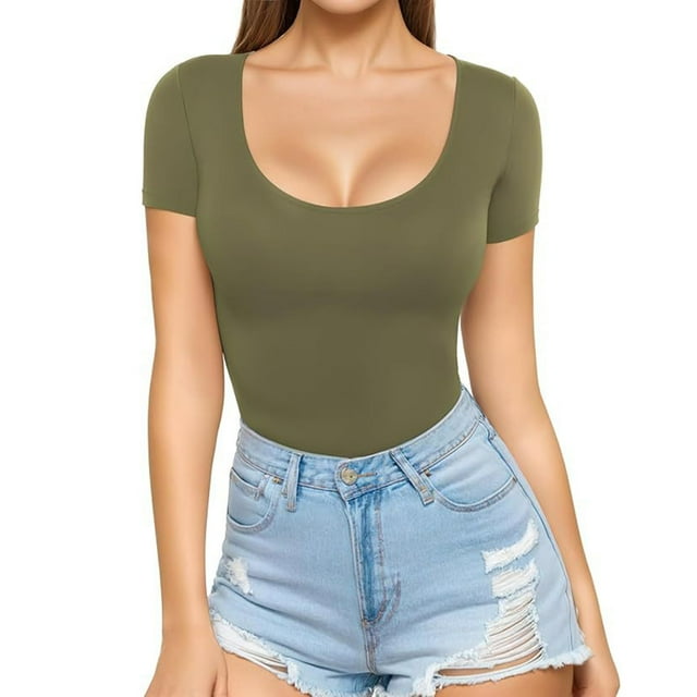Annhoo Womens Short Sleeve Shirts Crew Neck Slim Fitted Crop Tops 2025 Summer Solid Color Going out Basic Tees