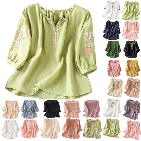 2026 Womens Summer Tops Embroidered Cotton Linen Blouse 3/4 Sleeve Peasant Tops with V-Neck Ethnic Style