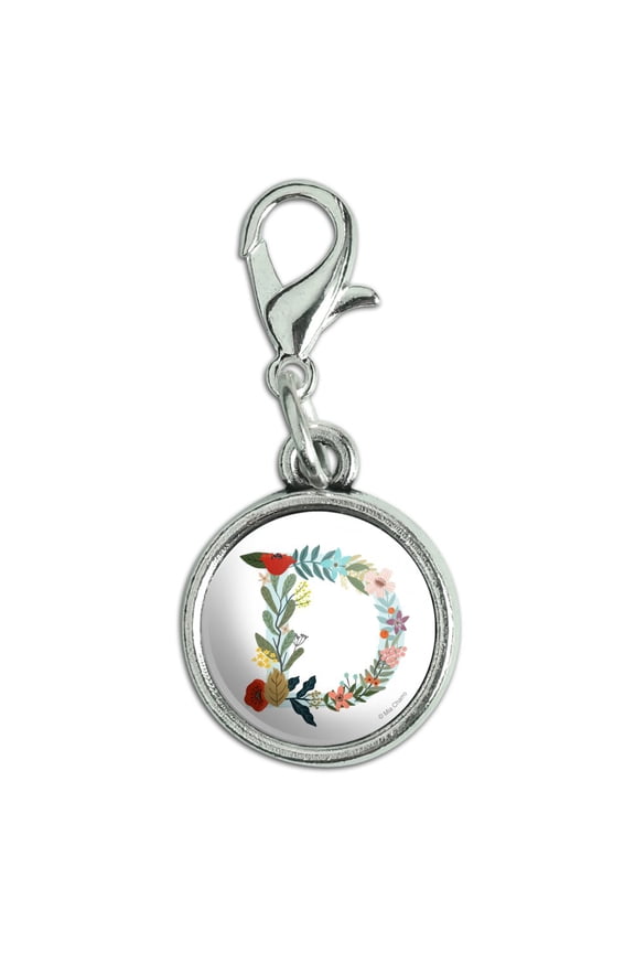 Letter D Floral Monogram Initial Antiqued Bracelet Pendant Zipper Pull Charm with Lobster Clasp