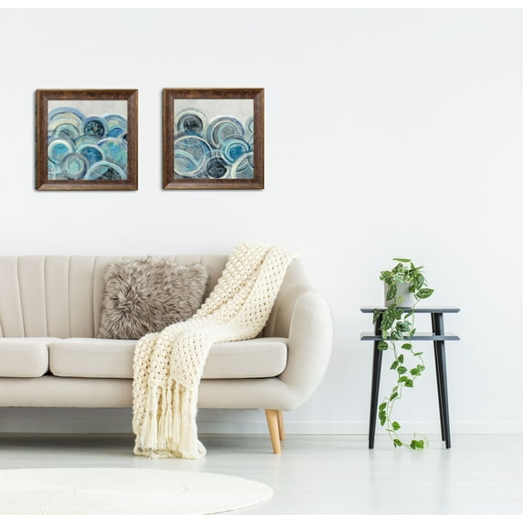 Gango Home Decor Variation Blue Grey Abstract Wall Art; Two Blue 12x12in Art Prints in Gold Trim Brown Frames