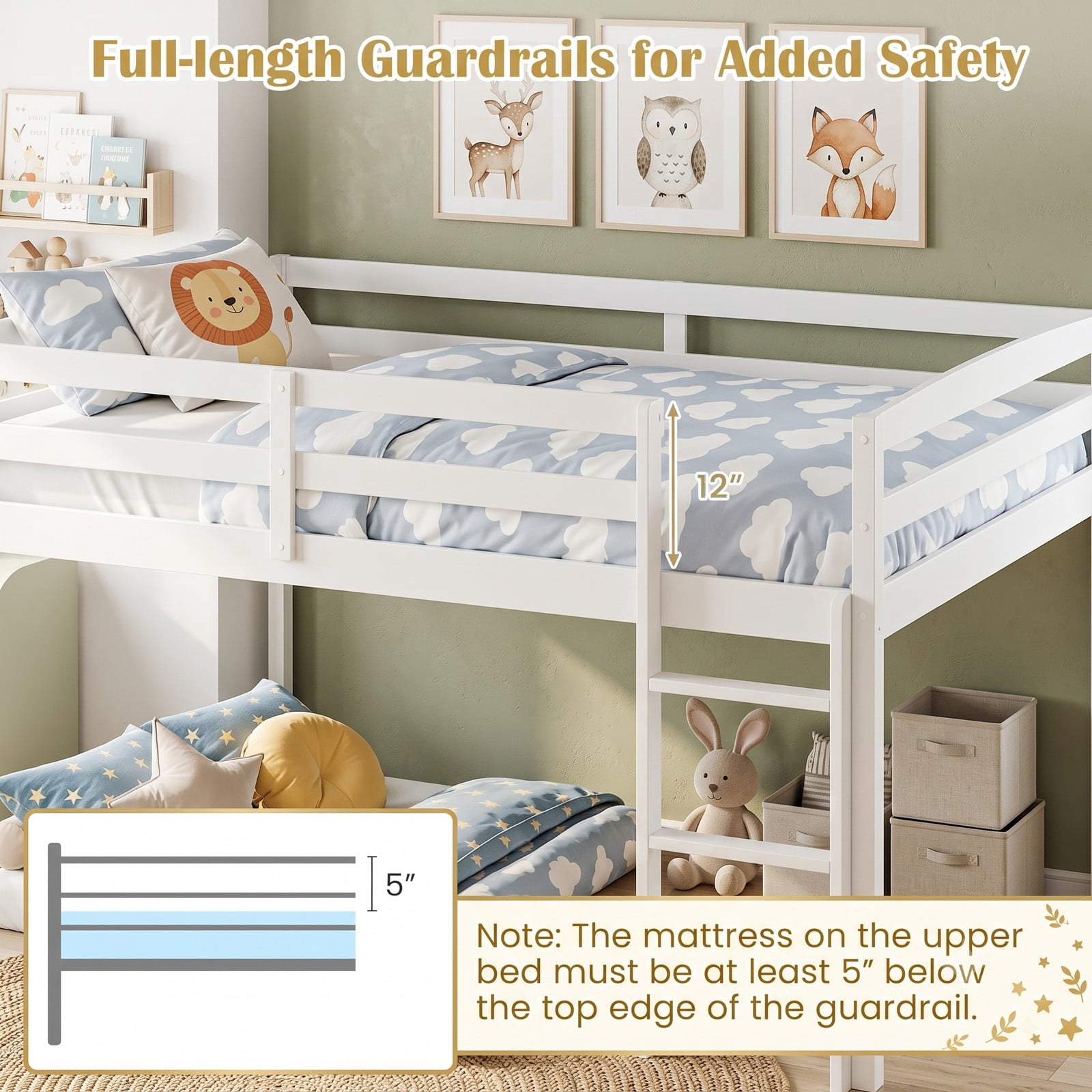 Furnibear Low-to-ground Full Over Full Wood Bunk Bed with Integrated Ladder and Safety Guardrails for Kids Shared Rooms, White