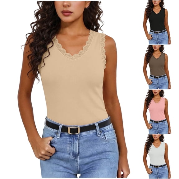 Otntypg Plus Size Tank Tops for Women Summer Ribbed Knit Lace Trim V Neck Tanks Basic Slim Fit Dressy Sleeveless Casual Going Out Cami Shirts White XXXXXXL