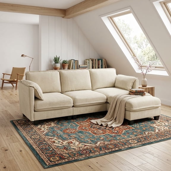 Avobird 97-inch L-shaped Sofa, Upholstered Deep Seat Sofa with Cotton-Linen Brushed Fabric, Ottoman & Side pocket, 3-Seater Sofa for Living Room, Beige