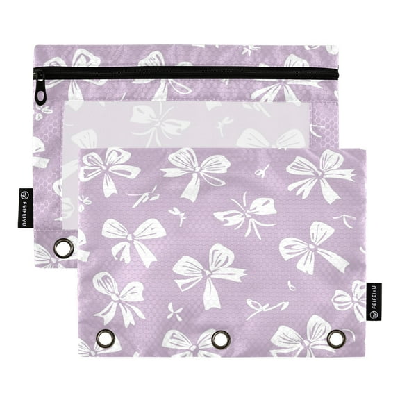 Iauyy Pencil Case for 3-Ring Binder, Transparent Window Pencil Box with Smooth Zipper, Large Capacity 3-Ring Binder Pencil Case, with 3 Reinforced Eyelet,Bows and Flowers