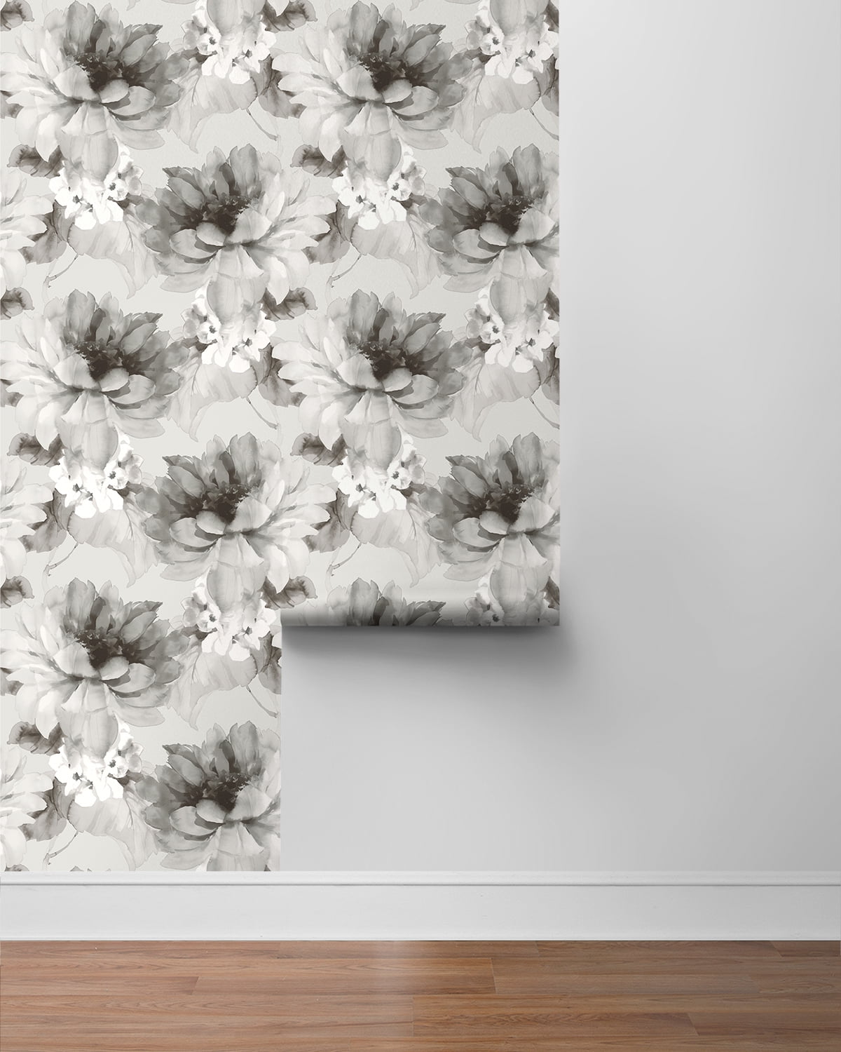 NextWall Harry & Grace Watercolor Floral Peel and Stick Wallpaper 20.5 in. W x 18 ft. L - Ash & Metallic Silver
