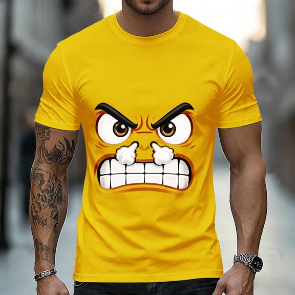 Dolkfu Pull-On Oversized Tshirts for Men Yellow Artistic Short Sleeve Crew Neck Tops Modern Printed Refined T-Shirts Yellow,S