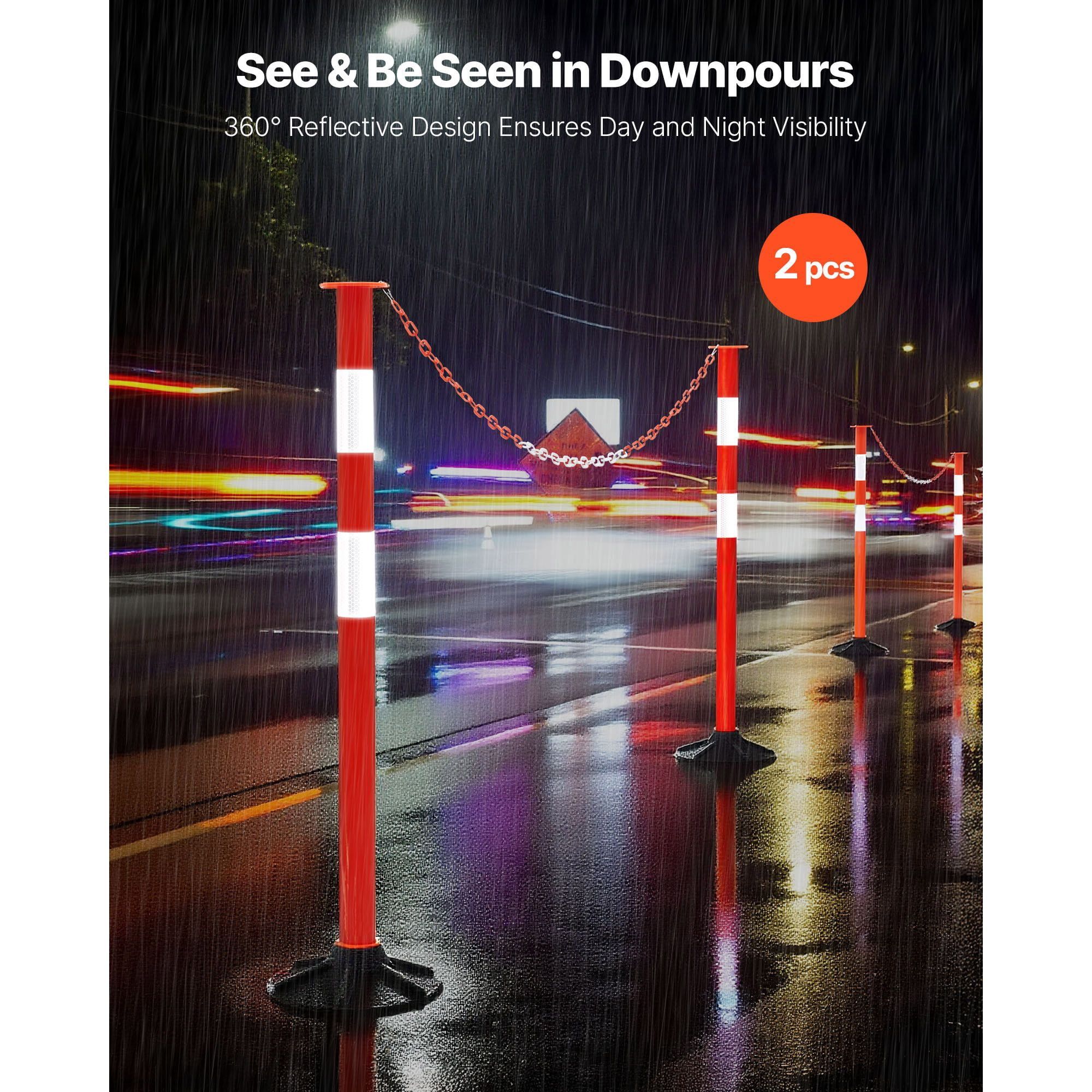 2-Pack Traffic Delineator Posts, 34 Inch Safety Cones, Reflective Strips, Weighted Rubber Base, Chain Attachment, for Construction Sites, Parking Lots & Crowd Control